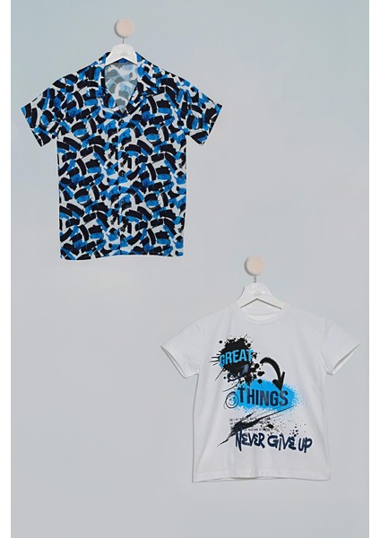 2'li Fırça Baskılı Gömlek Tshirt Saks Takım S27712