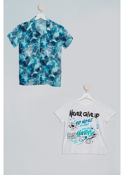 2'li Nokta Baskılı Gömlek Tshirt Saks Takım S27716