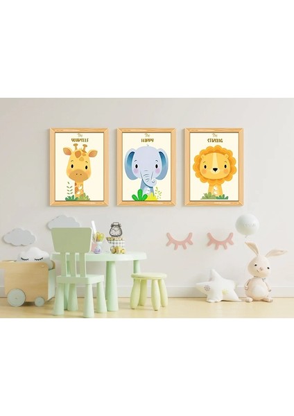 Çocuk Odası Hayvanlar 3'lü Duvar Tablosu Retro Ahşap Poster