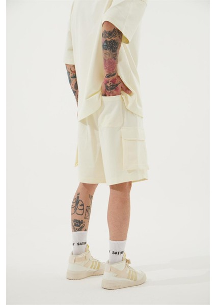 Oversize Kargo Cepli Basic Şort Krem modelleri