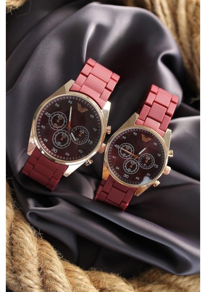 Bordo Silikon Kordonlu Rose Kasa Sevgili Saat Kombini - BF20400