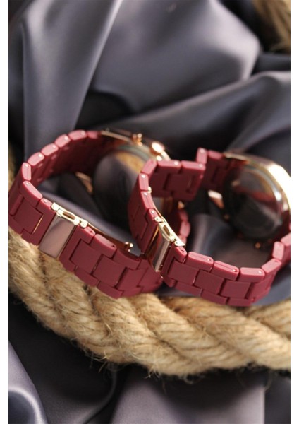 Bordo Silikon Kordonlu Rose Kasa Sevgili Saat Kombini - BF20400 fiyatları