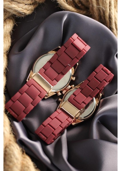 Bordo Silikon Kordonlu Rose Kasa Sevgili Saat Kombini - BF20400 modelleri