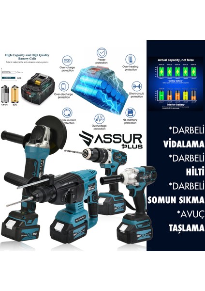 Profesyonel 4'lü Set 2-26 Şarjlı - Şarjlı Taşlama - 13 mm Şarjlı Darbeli Matkap-Şarjlı Somun Sıkma