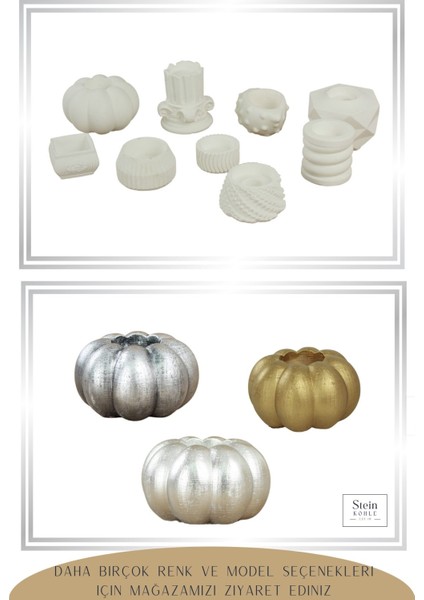 Şamdan Dekoratif Mumluk Beyaz Şamdan Set 3 Lü (Üçlü) Tealight ve Uzun Mum Uyumlu Kabak Model