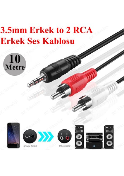 BK Teknoloji 3.5mm Erkek To 2rca Erkek Ses Kablosu 10 Metre