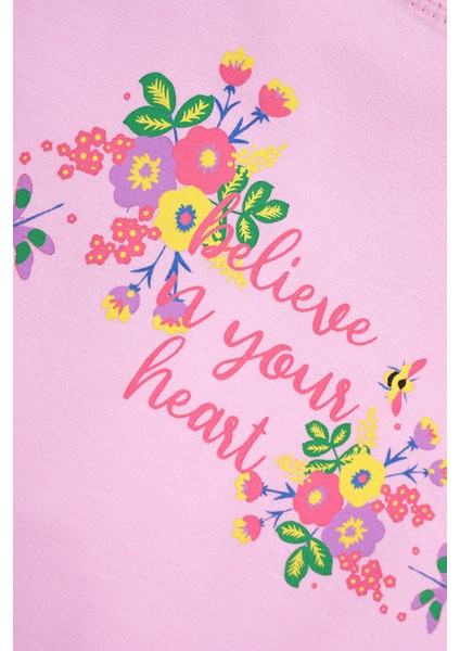 Kız Çocuk Pembe Gri Renkli Belive In Your Hearts Çiçek Baskılı Takım