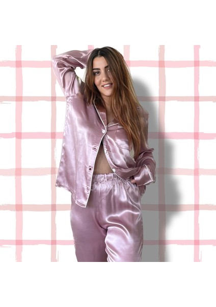 Serbella Pembe Pamuk Saten Uzun Kol Pijama Takımı