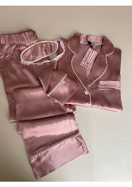 Serbella Pembe Pamuk Saten Uzun Kol Pijama Takımı