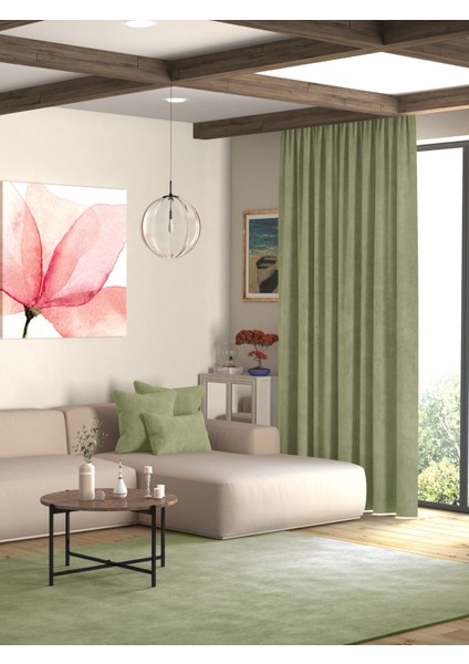 Kadife Dokulu Enginar Rengi Ada Fon Perde Ekstrafor Büzgülü modelleri