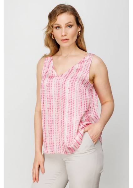 Kadın V Yaka Desenli Saten Bluz 5506 Pembe
