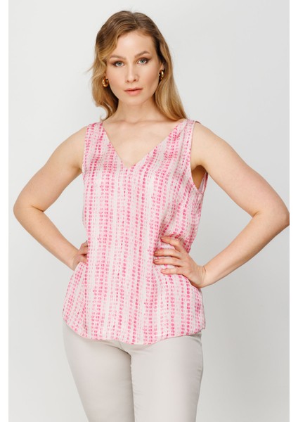 Kadın V Yaka Desenli Saten Bluz 5506 Pembe fiyatları
