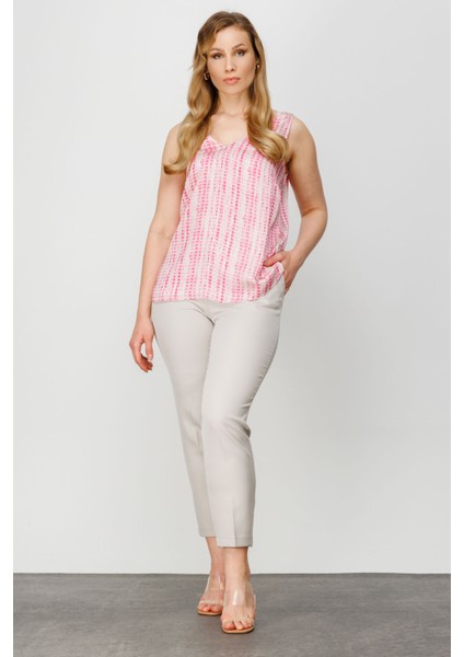 Kadın V Yaka Desenli Saten Bluz 5506 Pembe modelleri