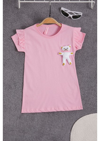 Pembe Peluş Ayıcıklı Fırfırlı Kız Çocuk T-Shirt 15538