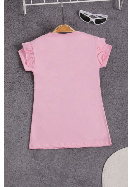 Pembe Peluş Ayıcıklı Fırfırlı Kız Çocuk T-Shirt 15538