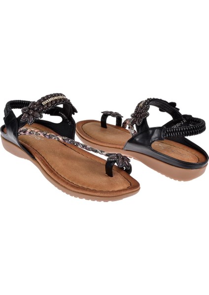 Taşlı Parmak Arası Kadın Sandalet GJ-1503 Siyah indirimleri