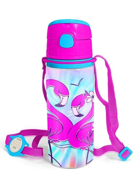 Kids Mavi Flamingo Desenli Pipetli Alüminyum Matara 600 ml 11947