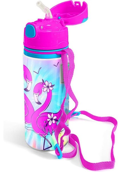 Kids Mavi Flamingo Desenli Pipetli Alüminyum Matara 600 ml 11947