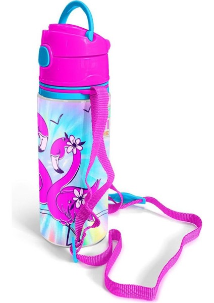 Kids Mavi Flamingo Desenli Pipetli Alüminyum Matara 600 ml 11947