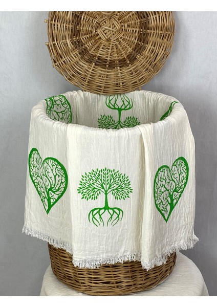 Elde Tahta Baskı Yeşil Hayat Ağacı Desen Müslin Peştemal Taş Baskılı Buldan Pamuklu Peştemali