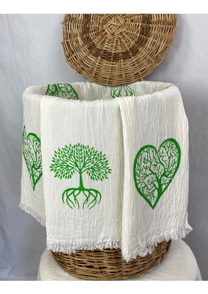 Elde Tahta Baskı Yeşil Hayat Ağacı Desen Müslin Peştemal Taş Baskılı Buldan Pamuklu Peştemali fiyatları