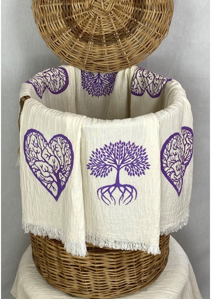 Elde Tahta Baskı Mor Hayat Ağacı Desenli Müslin Peştemal Taş Baskılı Buldan Pamuklu Peştemali