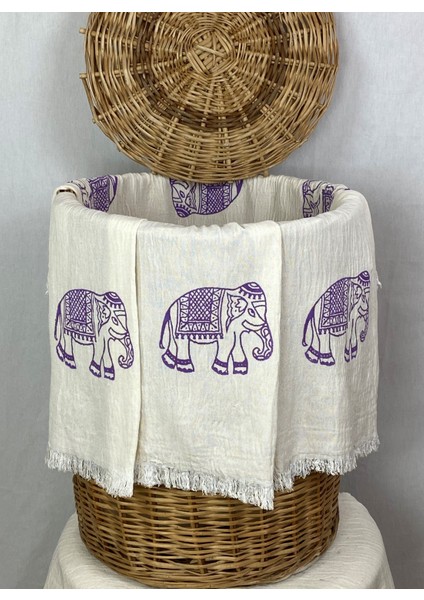 Elde Tahta Baskı Mor Fil Desenli Müslin Peştemal Taş Baskılı Buldan Pamuklu Peştemali