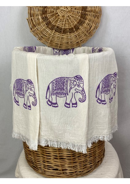 Elde Tahta Baskı Mor Fil Desenli Müslin Peştemal Taş Baskılı Buldan Pamuklu Peştemali fiyatları