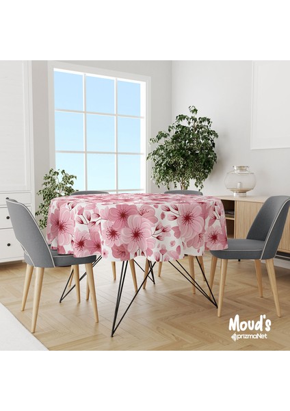 Pembe Çiçek Desenli Yuvarlak Süet Dertsiz Masa Örtüsü