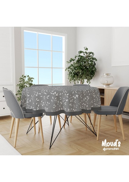 Gri Ağaç Dalları Desenli Yuvarlak Süet Dertsiz Masa Örtüsü