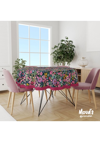 Violet Desenli Yuvarlak Süet Dertsiz Masa Örtüsü
