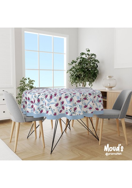 Mavi Karanfil Desenli Yuvarlak Süet Dertsiz Masa Örtüsü