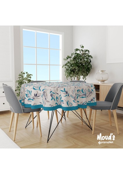 Mavi Çiçek Desenli Yuvarlak Süet Dertsiz Masa Örtüsü