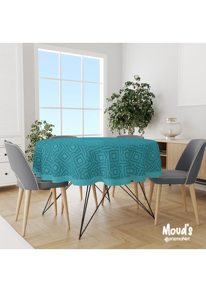 Turkuaz Beşgen Desenli Yuvarlak Süet Dertsiz Masa Örtüsü