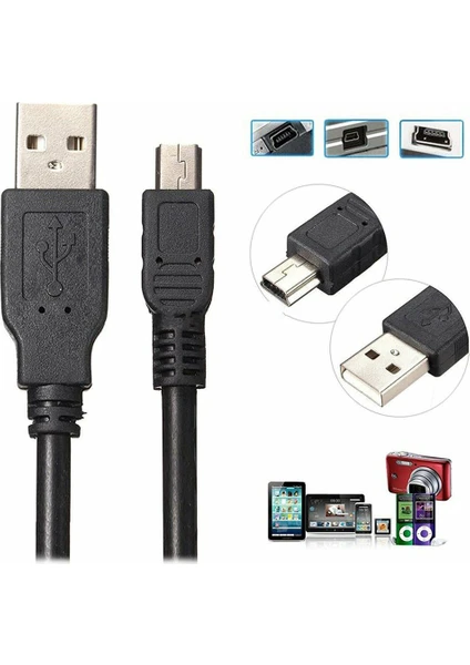 Mini USB 5 Pin Kablo - Mp3 Kamera Harici Harddisk Navigasyon Ps3 Kol Şarj Kablosu - 1 Metre