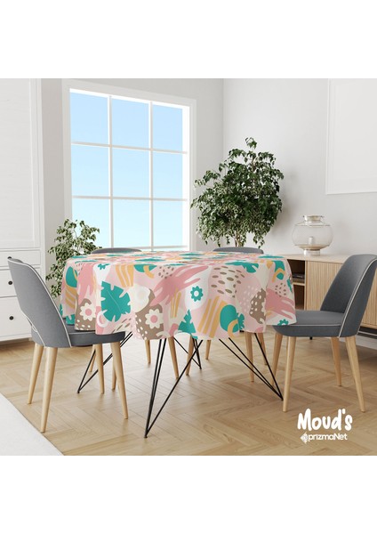 Pastel Çiçek ve Yaprak Desenli Yuvarlak Süet Dertsiz Masa Örtüsü