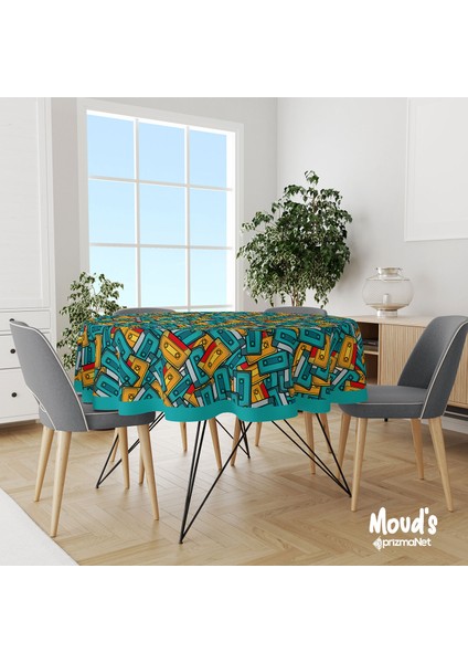 90'lar Kaset Desenli Yuvarlak Süet Dertsiz Masa Örtüsü