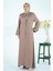 V Yaka Kolları Şerit Taş Detaylı Bej Tesettür Abaya 3429 1