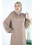 V Yaka Kolları Şerit Taş Detaylı Bej Tesettür Abaya 3429 2