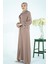 V Yaka Kolları Şerit Taş Detaylı Bej Tesettür Abaya 3429 3