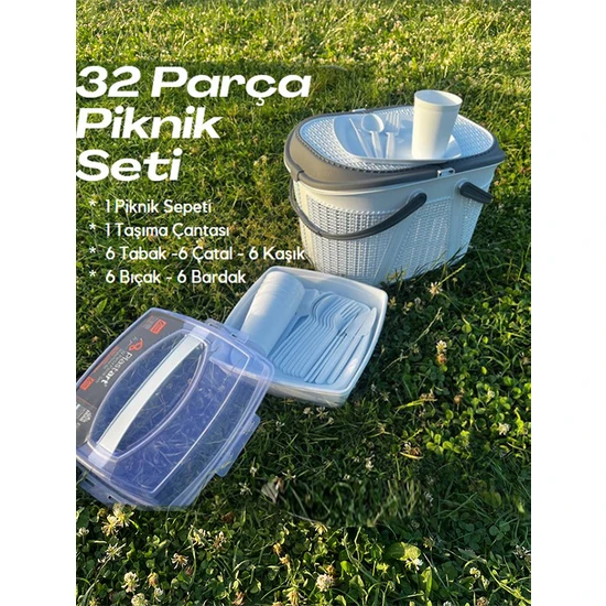 POLO55 32 Parça Piknik Seti ( Sepet + Çantalı Bardak,çatal,kaşık,bıçak,tabak Seti ) | 32 Piece Picnic Set