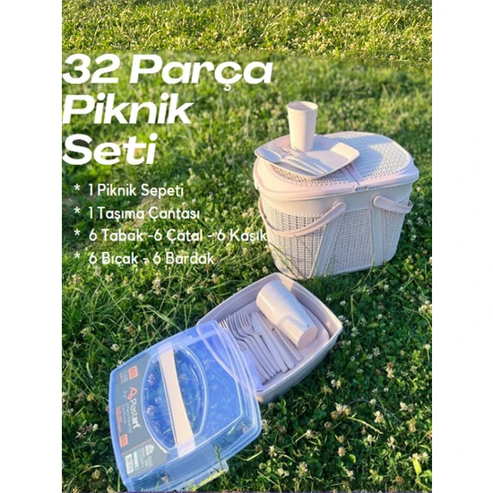 32 Parça Piknik Seti ( Sepet + Çantalı Bardak,çatal,kaşık,bıçak,tabak Seti ) | 32 Piece Picnic Set
