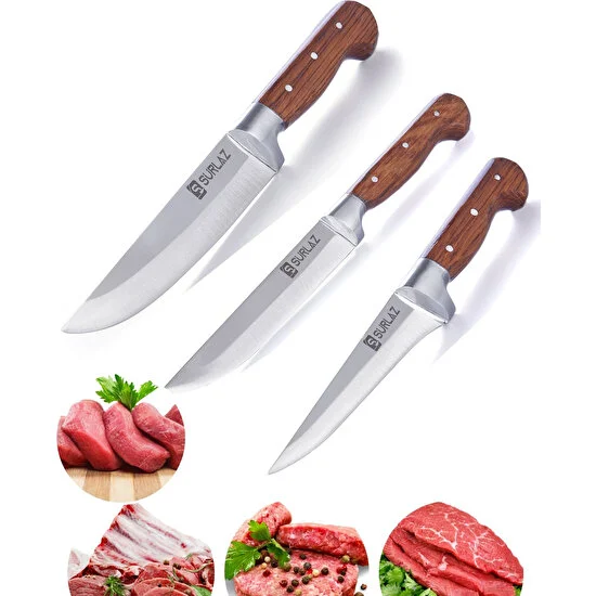 SürLaz Handmade Sürmene Kasap Kurban Serisi Bıçak Seti Et Sebze Yüzme Sıyırma Bıçak Mutfak Bıçağı 3'Lü