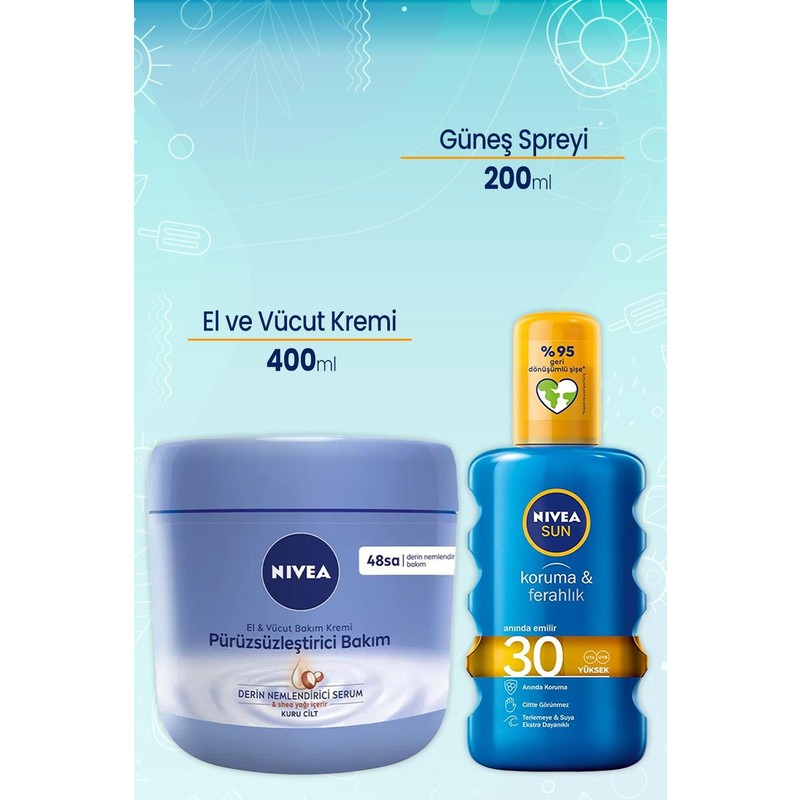 Nivea El ve Vücut Pürüzsüzleştirici Bakım Kremi 400 ml ve Güneş Spreyi 200 ml Koruma & Ferahlık 30