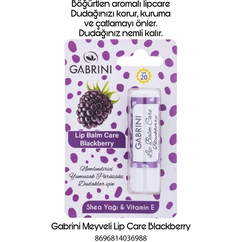 Gabrini Siyah Böğürtlen Aromalı Dudak Balmı - SPF20, Shea Yağı ve E Vitamini ile Zenginleştirilmiş Nemlendirici Stick