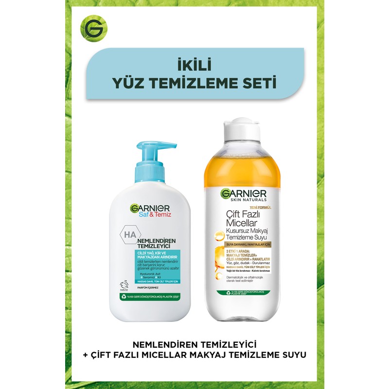 Garnier Saf & Temiz Nemlendiren Temizleyici + Çift Fazlı Micellar Kusursuz Makyaj Temizleme Suyu Seti