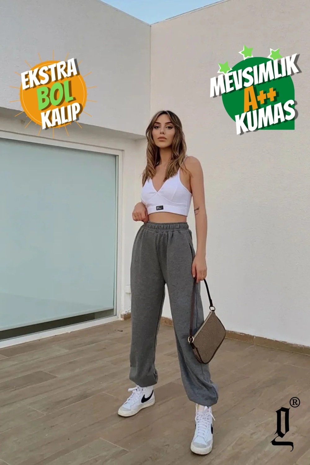 La Gizzia Büyük Beden Kışlık Şardonlu 3 Iplik Füme Kadın Antrasit Paça Lastikli Oversize Eşofman