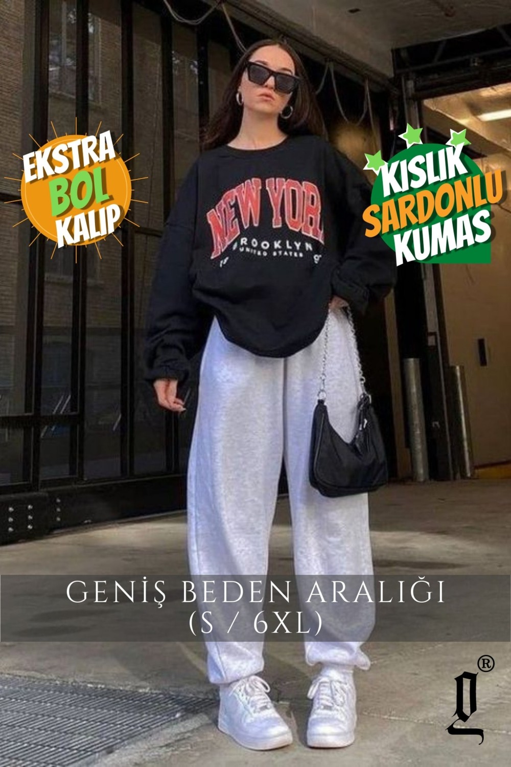 La Gizzia Büyük Beden Kışlık Gri / Siyah Kadın Yüksek Bel Kışlık Oversize Eşofman Altı görsel 2