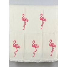 Pamuk İdea Elde Tahta Baskı Pembe Flamingo Desenli Müslin Peştemal Taş Baskılı Buldan Pamuklu Peştemali