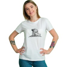 Arda Ege Ayda Astronot Baskılı Desenli  Pamuk Beyaz Kadın T-Shirt